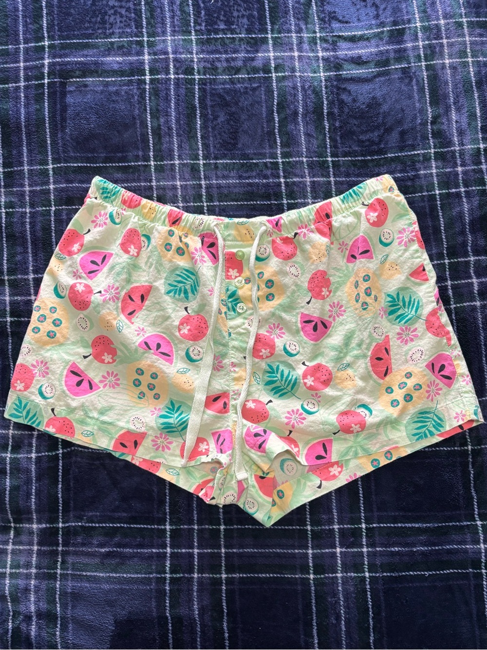 Mint green Multicoloured fruit print shorts pajama shorts w/drawstring.Size M